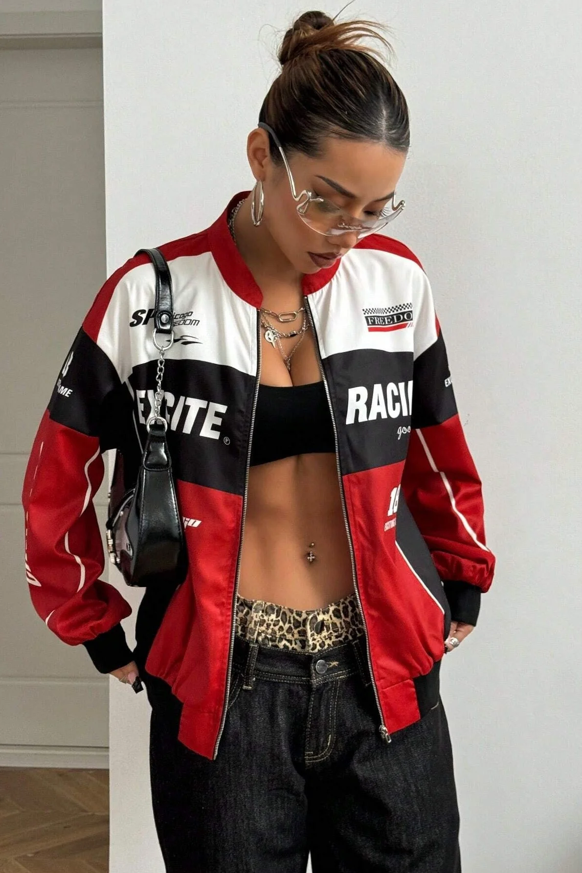 Letter Design Zip Color Block Biker Chic Long Sleeve Jacket - Image 3