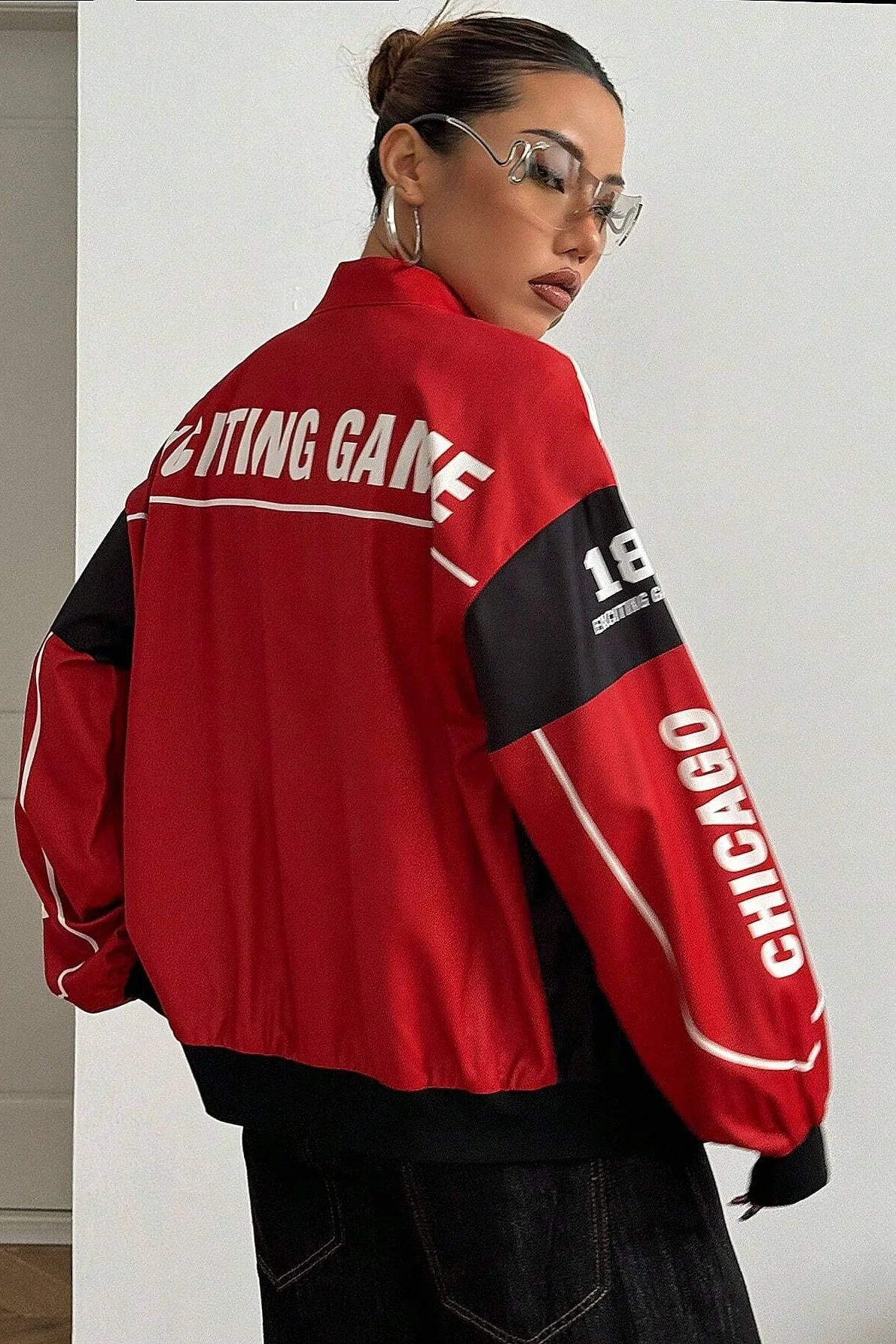 Letter Design Zip Color Block Biker Chic Long Sleeve Jacket - Image 4